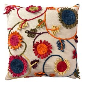 Floral Cord Embroidery Bohemian Down Filled‎ Pillow & Case 16" Colorful